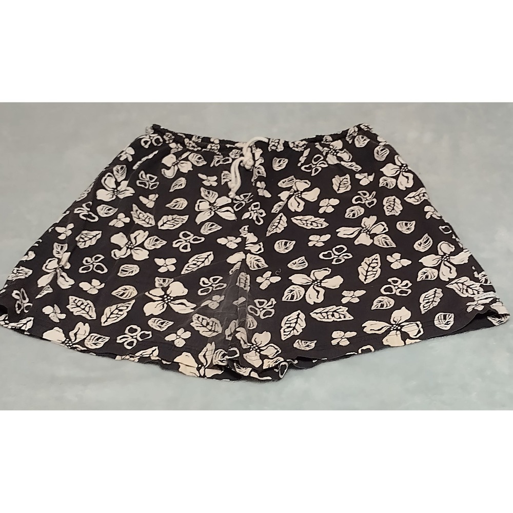 Vtg Route 66 Women Black White Floral Elastic Waist Drawstring Cotton Shorts XL